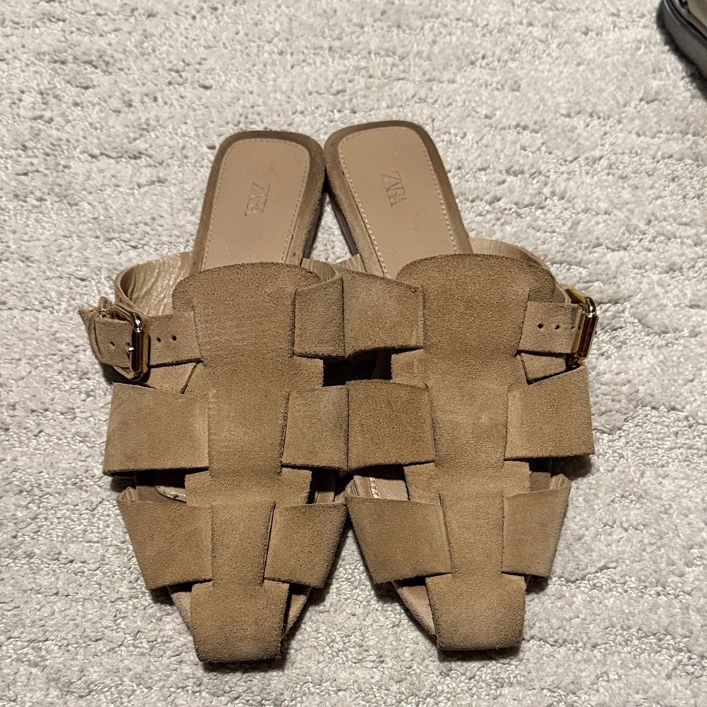 Zara Tan Suede Woven Slide Sandals with Gold Buckle